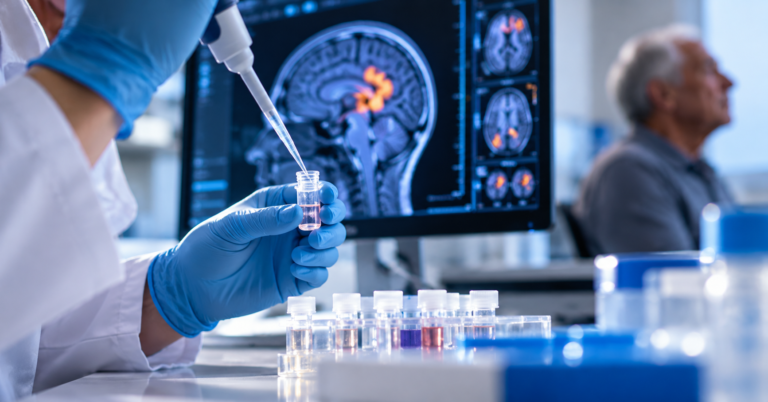 Pesquisador manipula amostra em laboratório de neurociência, com imagens cerebrais ao fundo, ilustrando estudos com células-tronco para Parkinson.