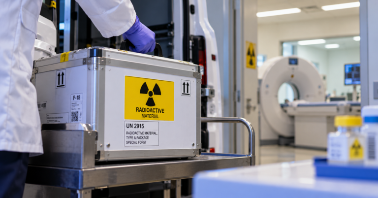 Transporte especializado de radiofármacos em embalagem de proteção radiológica para medicina nuclear.